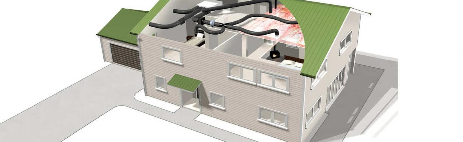 Brede headerfoto rond woningventilatie die gezonde luchtverversing in een moderne woning toont.